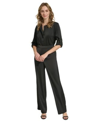 Shop Calvin Klein Womens Satin Drawstring Waist Blouse Wide Leg Pant In Black