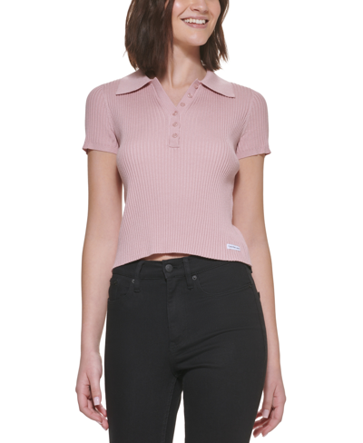 Shop Calvin Klein Jeans Est.1978 Petite Short-sleeve Ribbed Polo Shirt In Enchant