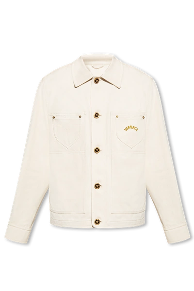 Shop Versace Cream ‘la Vacanza' Collection Denim Jacket In New