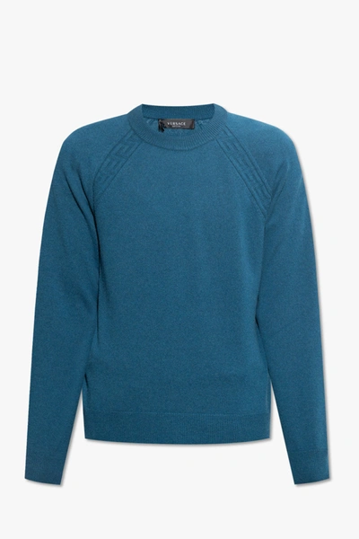 Shop Versace Blue Cashmere Sweater In New