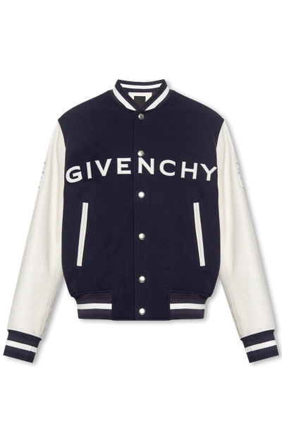 Shop Givenchy Navy Blue Bomber Jacket With Logo In New