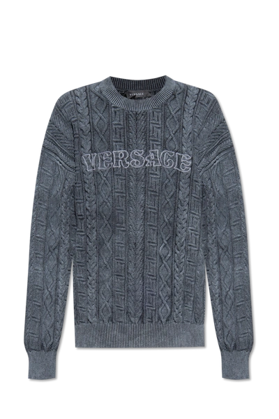 Shop Versace Grey Cotton Sweater With Logo In New