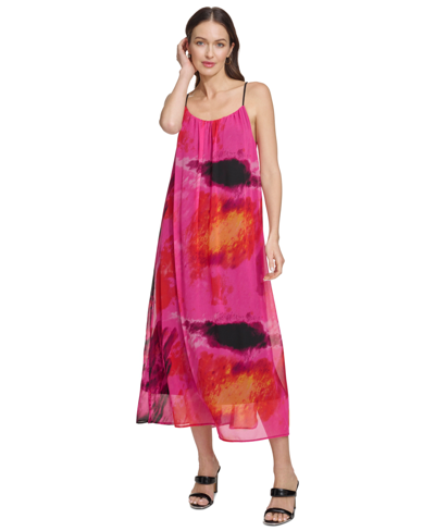 Shop Dkny Women's Printed Sleeveless Chiffon Dress In Shocking Pink Multi