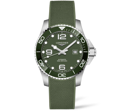 Shop Longines Men's Swiss Automatic Hydroconquest Green Rubber Strap Watch 43mm