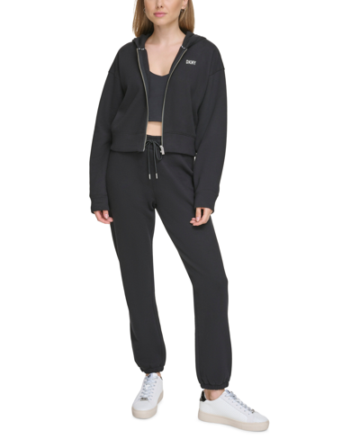 Shop Dkny Sport Women's Metallic-logo Zip-up Hooded Sweatshirt In Black,silver