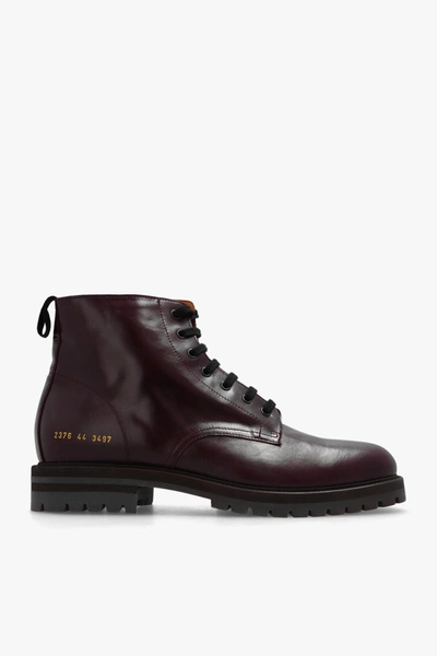 Shop Common Projects Purple Leather Combat Boots In New