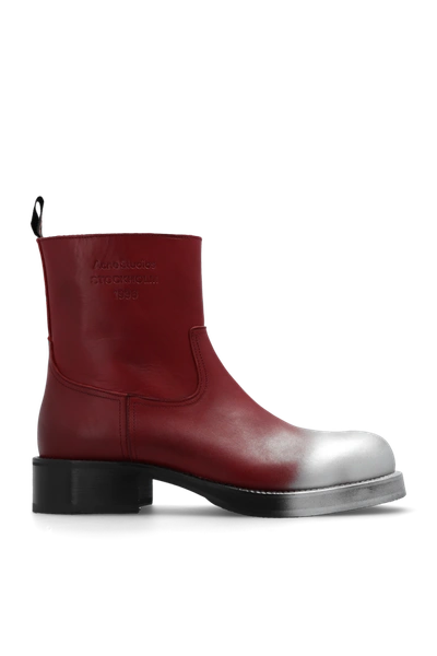 Shop Acne Studios Red Leather Ankle Boots With Logo In New