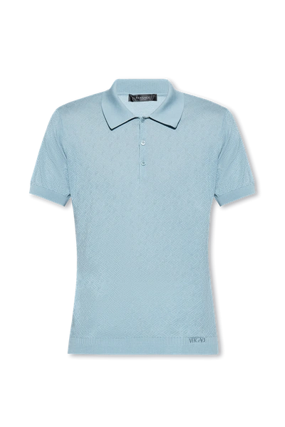 Shop Versace Light Blue La Greca Polo Shirt In New
