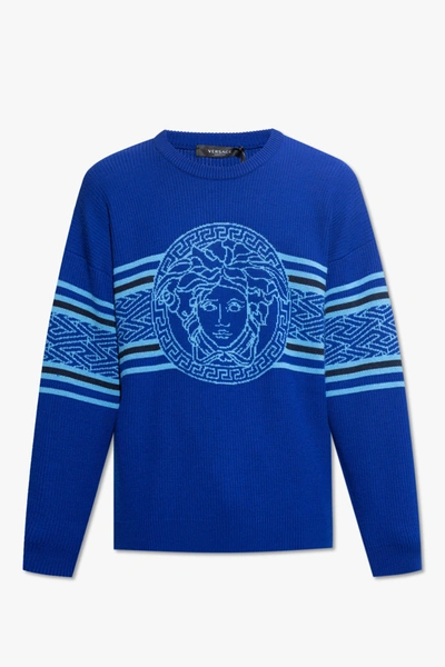 Shop Versace Blue Wool Sweater In New