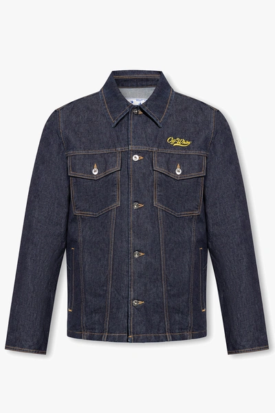 Shop Off-white Navy Blue Denim Shirt With Logo In New