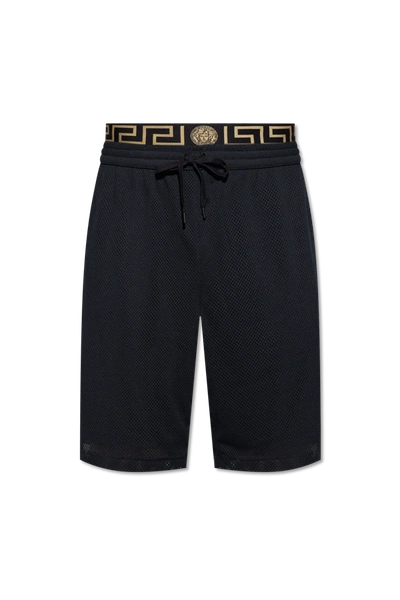 Shop Versace Black Shorts With Greca Pattern In New
