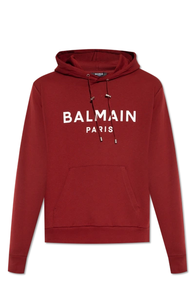 Shop Balmain Burgundy Hoodie With Logo In New
