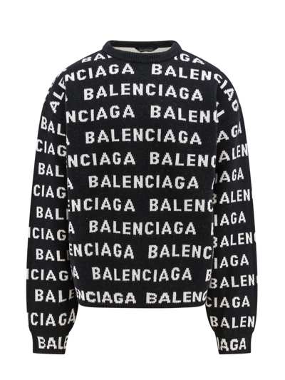 Shop Balenciaga Allover Logo Intarsia Knitted Jumper In Multi