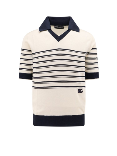 Shop Dolce & Gabbana Logo Embroidered Knitted Polo Shirt In White