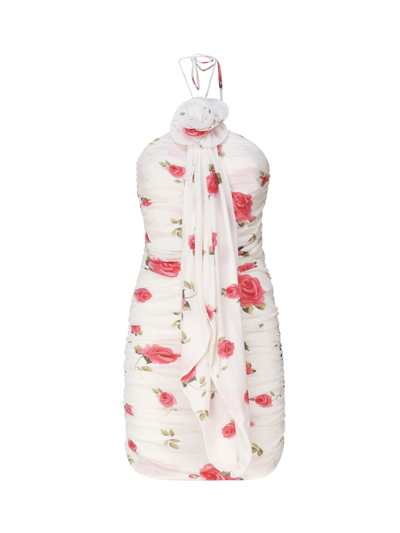 Shop Magda Butrym Wrap Dress With Ruched Floral Applique And Cream Print In White