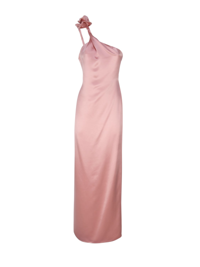 Shop Magda Butrym Silk One-shoulder Midi Dress With Rose Appliqués In Pink