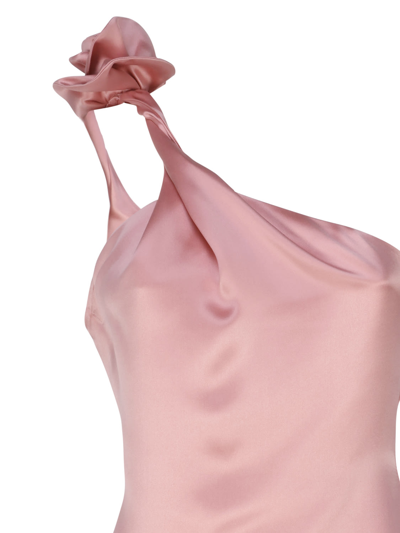 Shop Magda Butrym Silk One-shoulder Midi Dress With Rose Appliqués In Pink