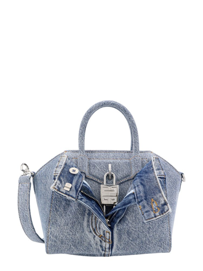 Shop Givenchy Mini Antigona Lock Denim Tote Bag In Blue