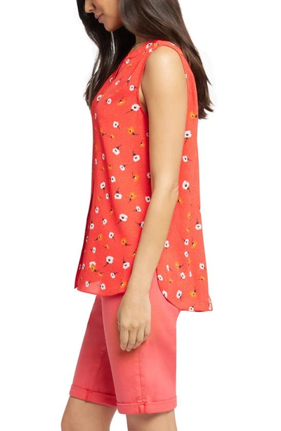 Shop Nydj Print Pleat Back Sleeveless Split Neck Blouse In Red Haven