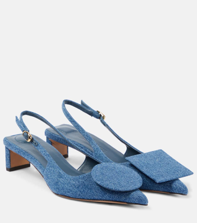 Jacquemus Block Heel Denim Texture Pointed Toe Slingback In Blue