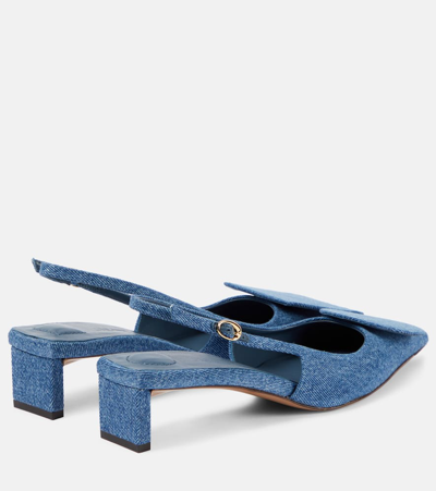 Jacquemus Block Heel Denim Texture Pointed Toe Slingback In Blue