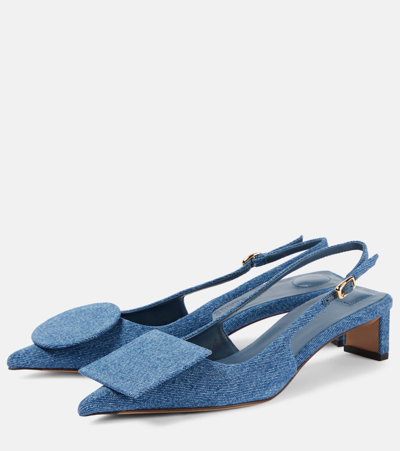 Jacquemus Block Heel Denim Texture Pointed Toe Slingback In Blue