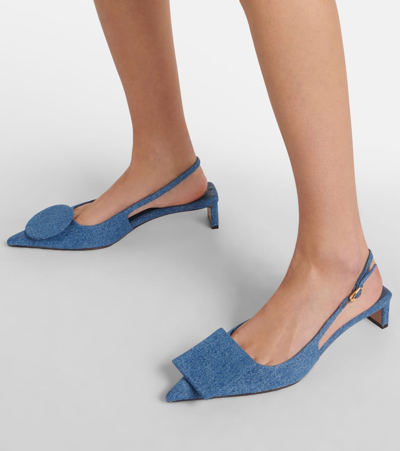 Jacquemus Block Heel Denim Texture Pointed Toe Slingback In Blue