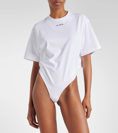 Shop Alaïa Fluid Cotton Jersey Bodysuit In White