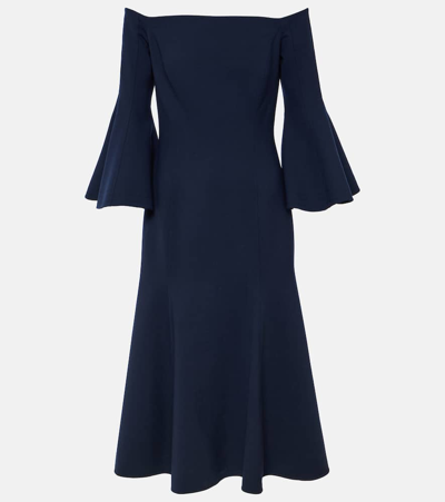 Shop Oscar De La Renta Off-shoulder Wool-blend Midi Dress In Blue