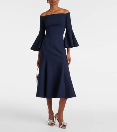 Shop Oscar De La Renta Off-shoulder Wool-blend Midi Dress In Blue
