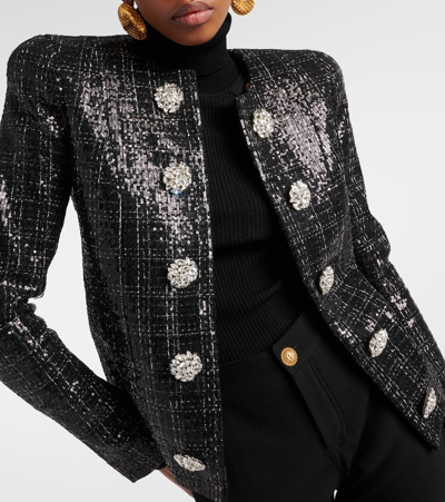 Shop Balmain Sequined Tweed Jacket In Black