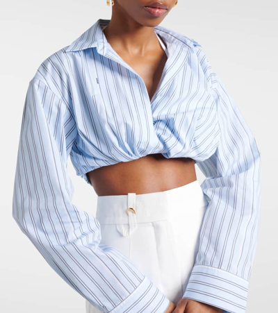 Shop Jacquemus La Chemise Bahia Courte Striped Cotton Top In Blue