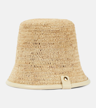 Shop Jacquemus Le Bob Soli Logo Raffia Bucket Hat In White