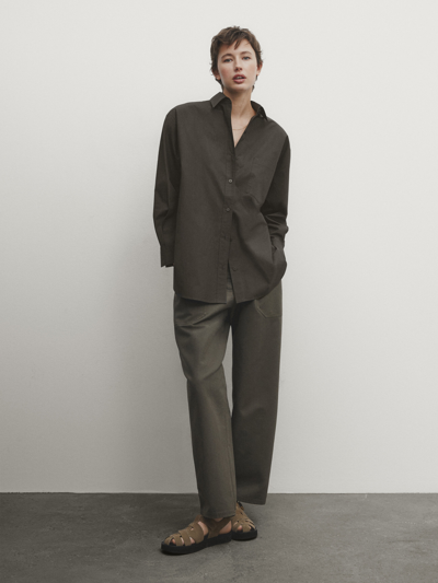 Shop Massimo Dutti 100% Cotton Poplin Shirt With Pocket In Graugrün