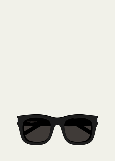 Shop Saint Laurent Monceau Acetate Square Sunglasses In Shiny Solid Black