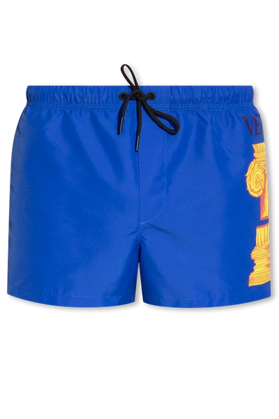 Shop Versace Blue Swimming Shorts With Logo In New