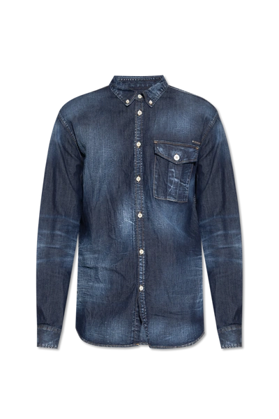Shop Dsquared2 Navy Blue Denim Shirt With Logo In New