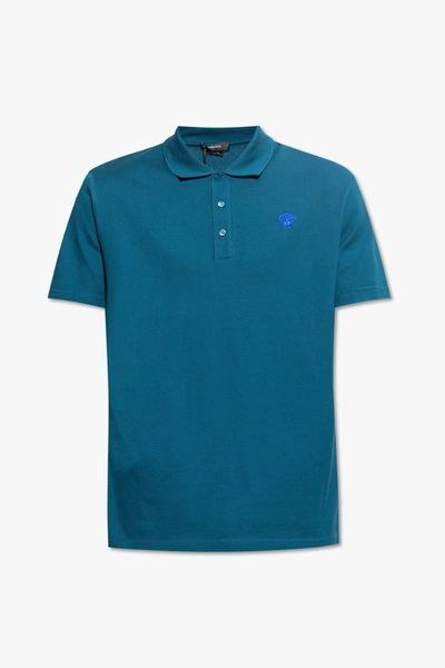 Shop Versace Blue Cotton Polo Shirt In New
