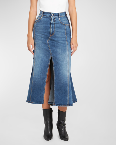 Shop Alexander Mcqueen High-waist Slit-hem Denim Midi Skirt In Light Blue