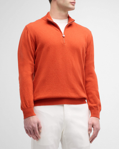 Shop Kiton Men's Cashmere Quarter-zip Sweater In Rust