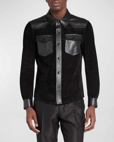 Shop Tom Ford Men's Suede And Leather Western Overshirt In Black