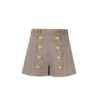 Balmain Checked Wool Blend High Rise Shorts In Beige