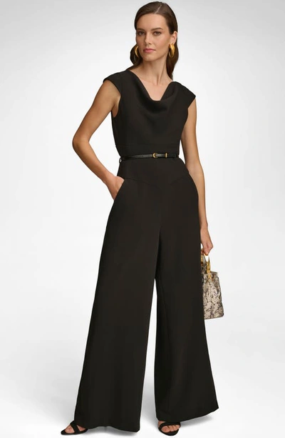 Shop Donna Karan Cowl Neck Cap Sleeve Belted Jumpsuit In Black