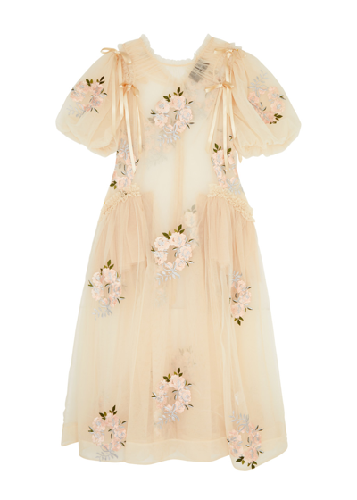 Shop Simone Rocha Floral-embroidered Tulle Midi Dress In Nude