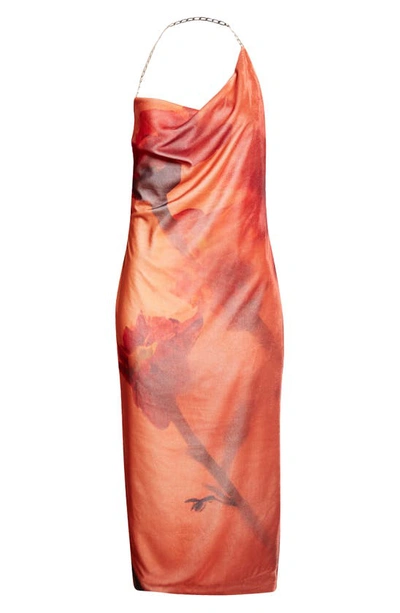 Shop Stine Goya Promise Floral Asymmetric Neck Velvet Midi Slipdress In Flowers Under Orange Water
