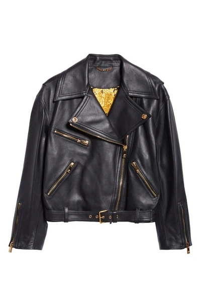 Shop Versace Leather Biker Jacket In Black