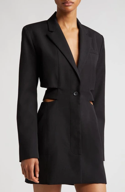 Shop Jacquemus La Robe Bari Cutout Long Sleeve Cotton & Linen Blazer Minidress In Black