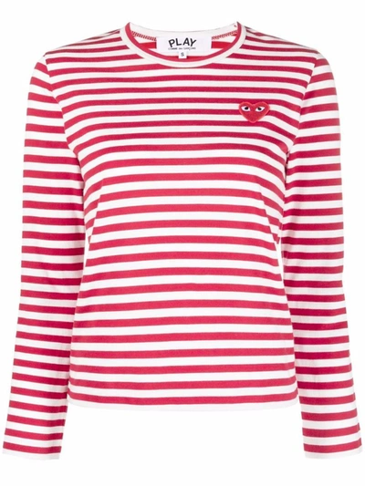Shop Comme Des Garçons Play Heart-motif Striped Top In Red