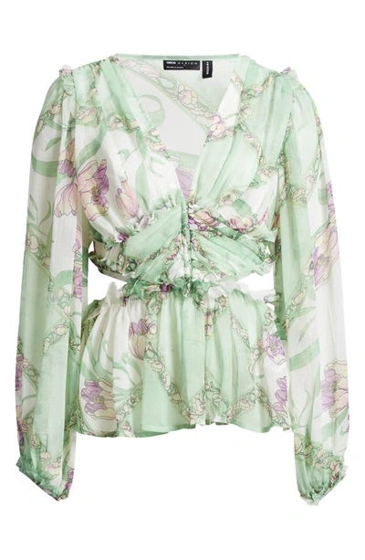 Shop Asos Design Floral Pleated Sheer Peplum Blouse In Light Green
