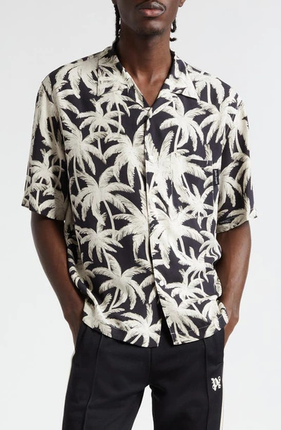 Shop Palm Angels Palm Print Camp Shirt In Black Off White